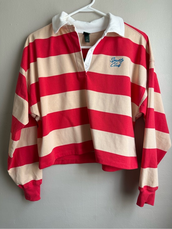 wild fable Tops - Wild Fable Sports Club Striped Red & Ivory Rugby Shirt Crop Long Sleeve XS NWT
